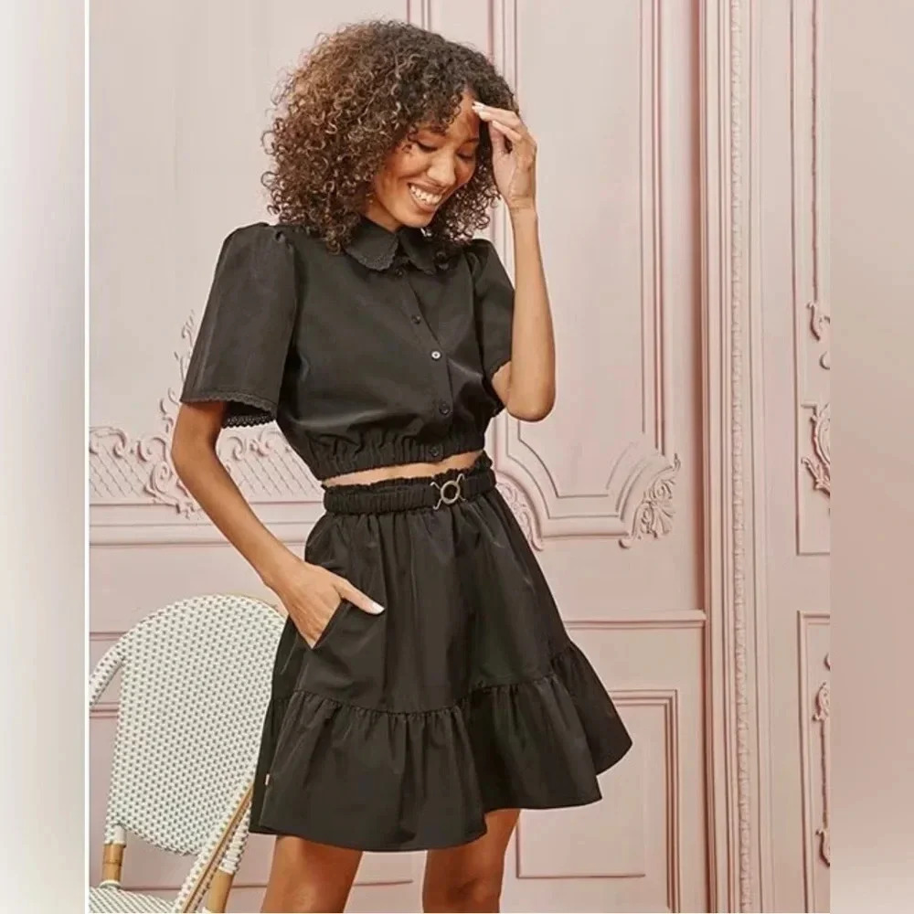 LTD Black Crop Top & Ruffle Mini Skirt 2 Piece Set Size 2 Black Belted NWT